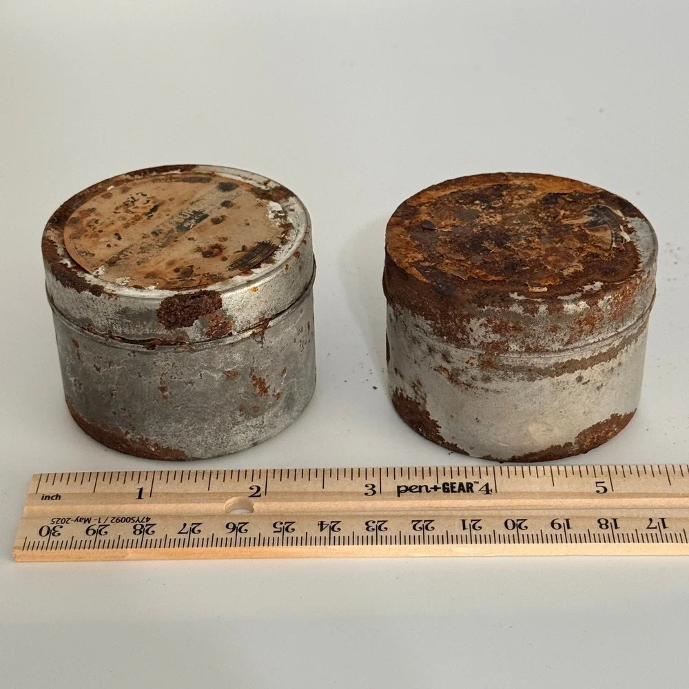 Vintage Industrial Metal Tins Set of 2 Small Round Storage Containers Rusted Tin